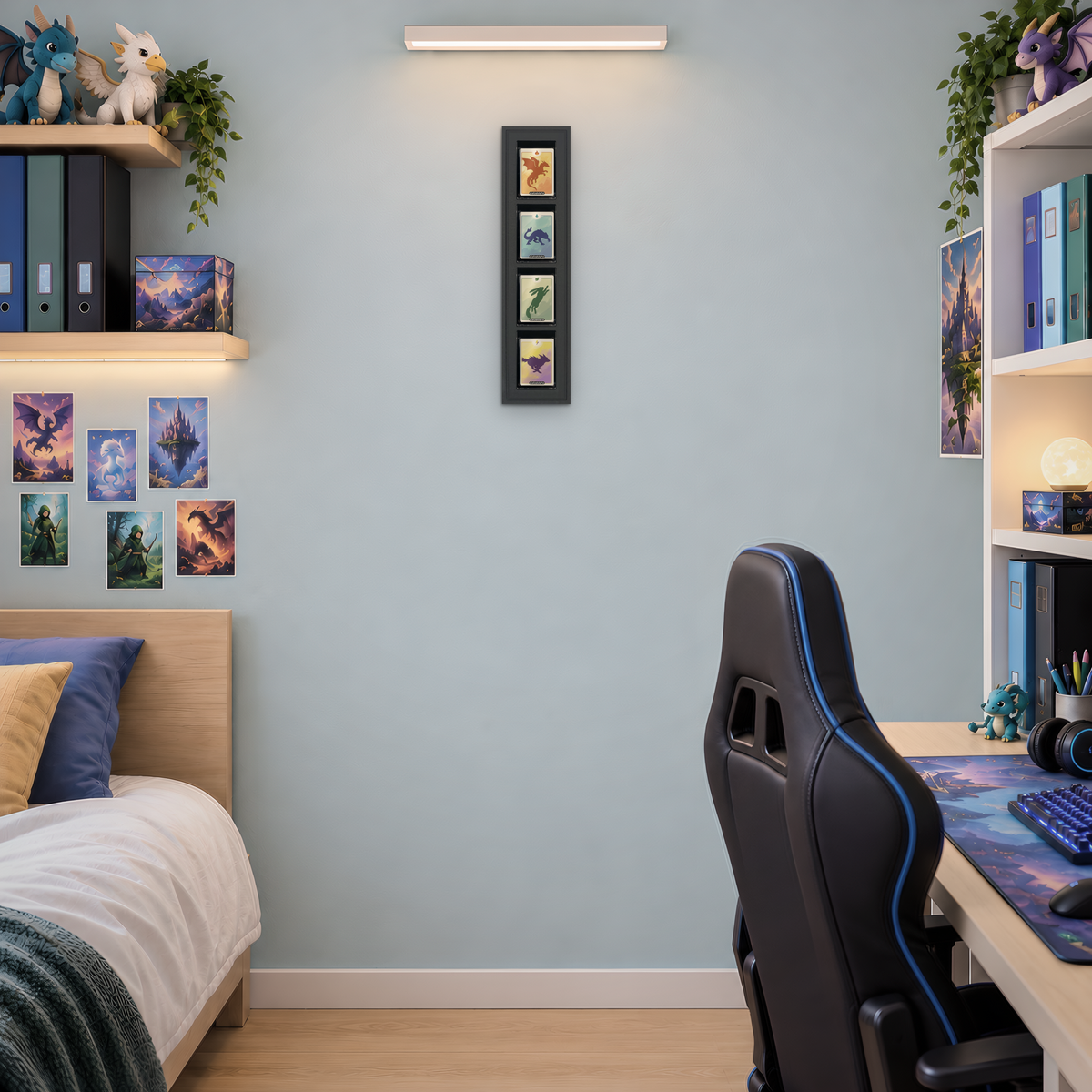 Mag Holder Frame 1 × 4 maßstabsgetreu an der Wand, KI-generiertes Raumbild