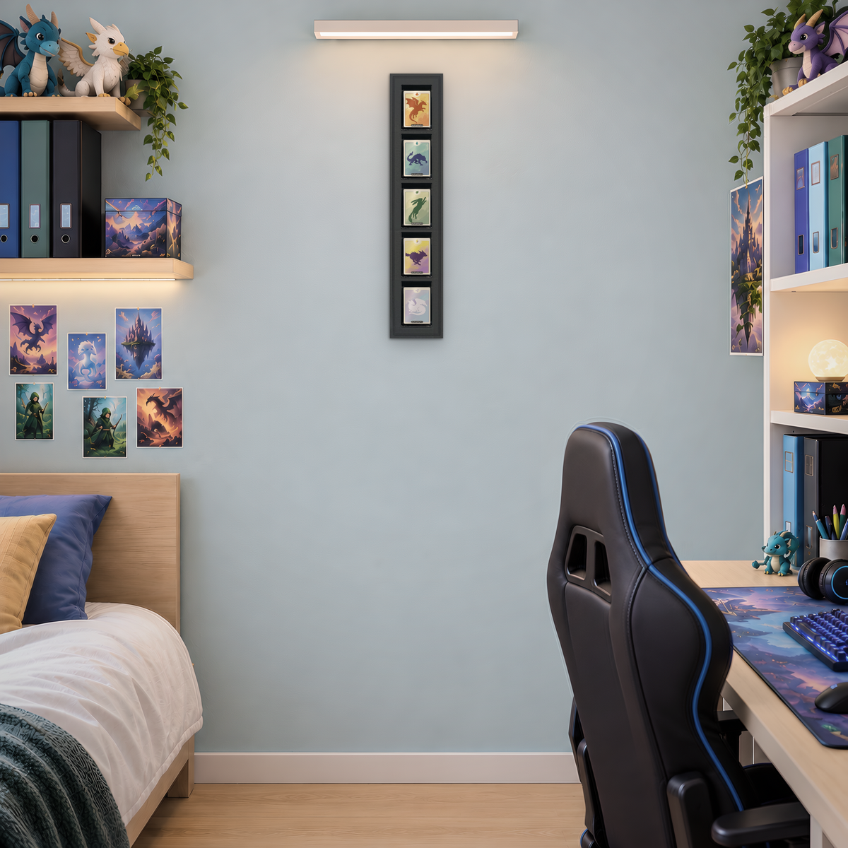 Mag Holder Frame 1 × 5 maßstabsgetreu an der Wand, KI-generiertes Raumbild