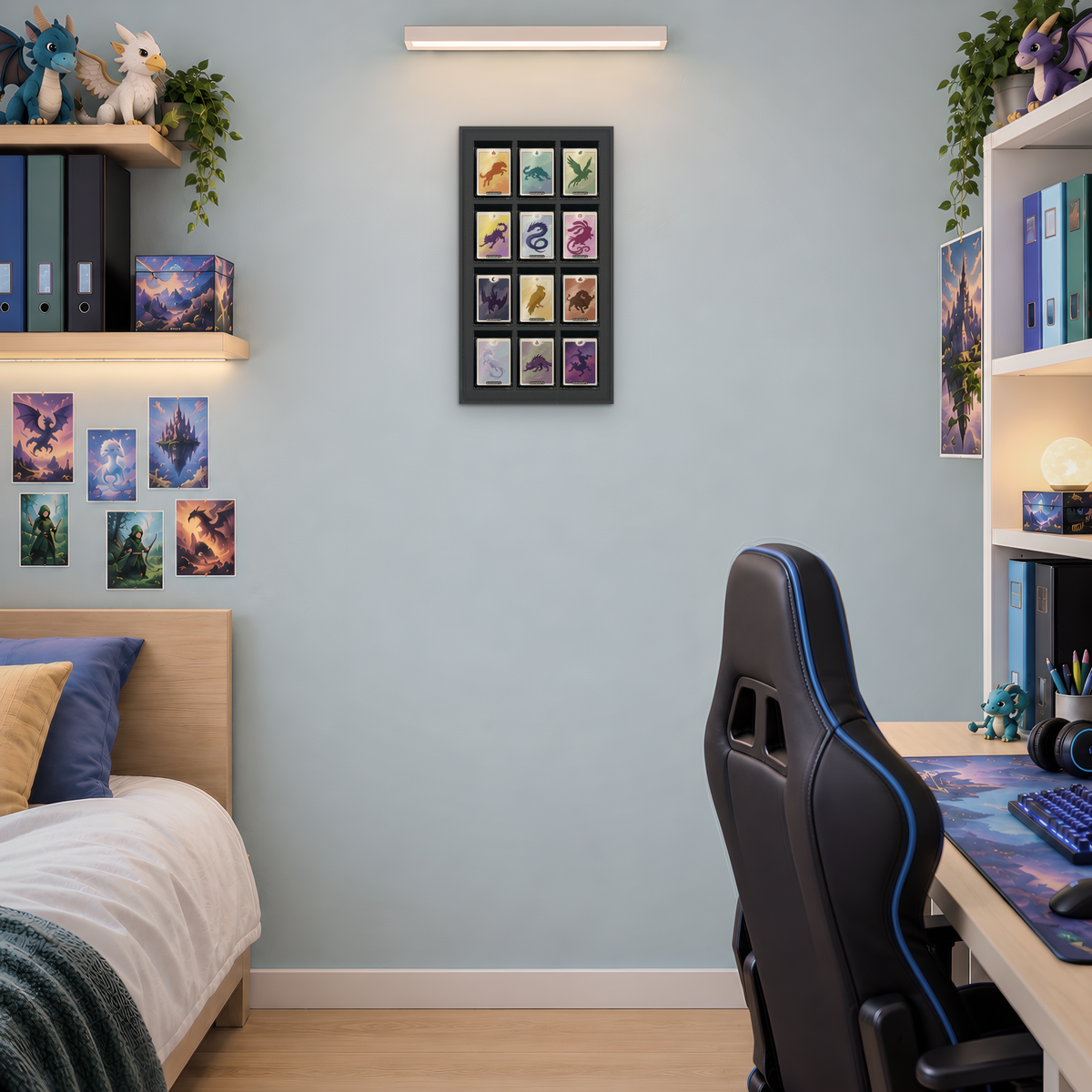 Mag Holder Frame 3 × 4 maßstabsgetreu an der Wand, KI-generiertes Raumbild