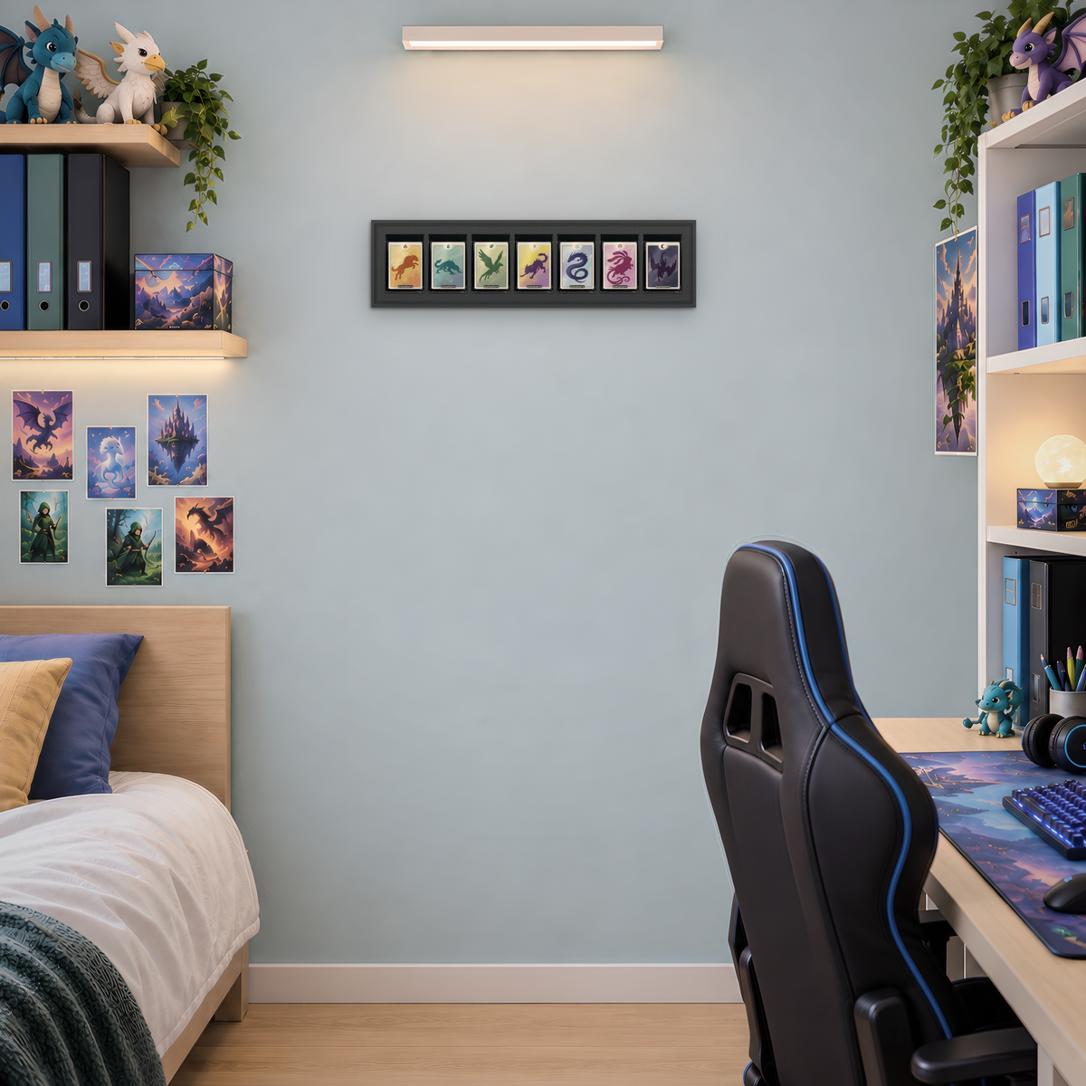 Mag Holder Frame 7 × 1 maßstabsgetreu an der Wand, KI-generiertes Raumbild