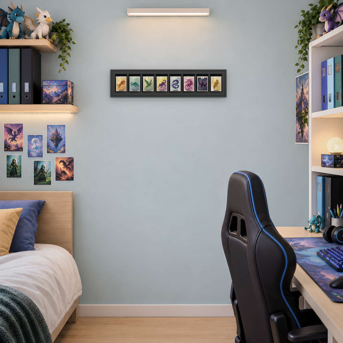 Mag Holder Frame 8 × 1 maßstabsgetreu an der Wand, KI-generiertes Raumbild