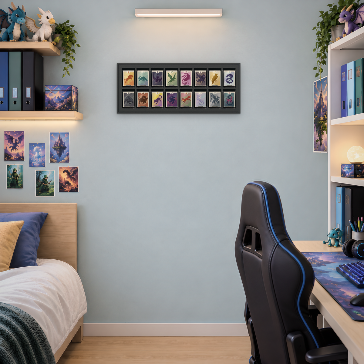 Mag Holder Frame 8 × 2 maßstabsgetreu an der Wand, KI-generiertes Raumbild