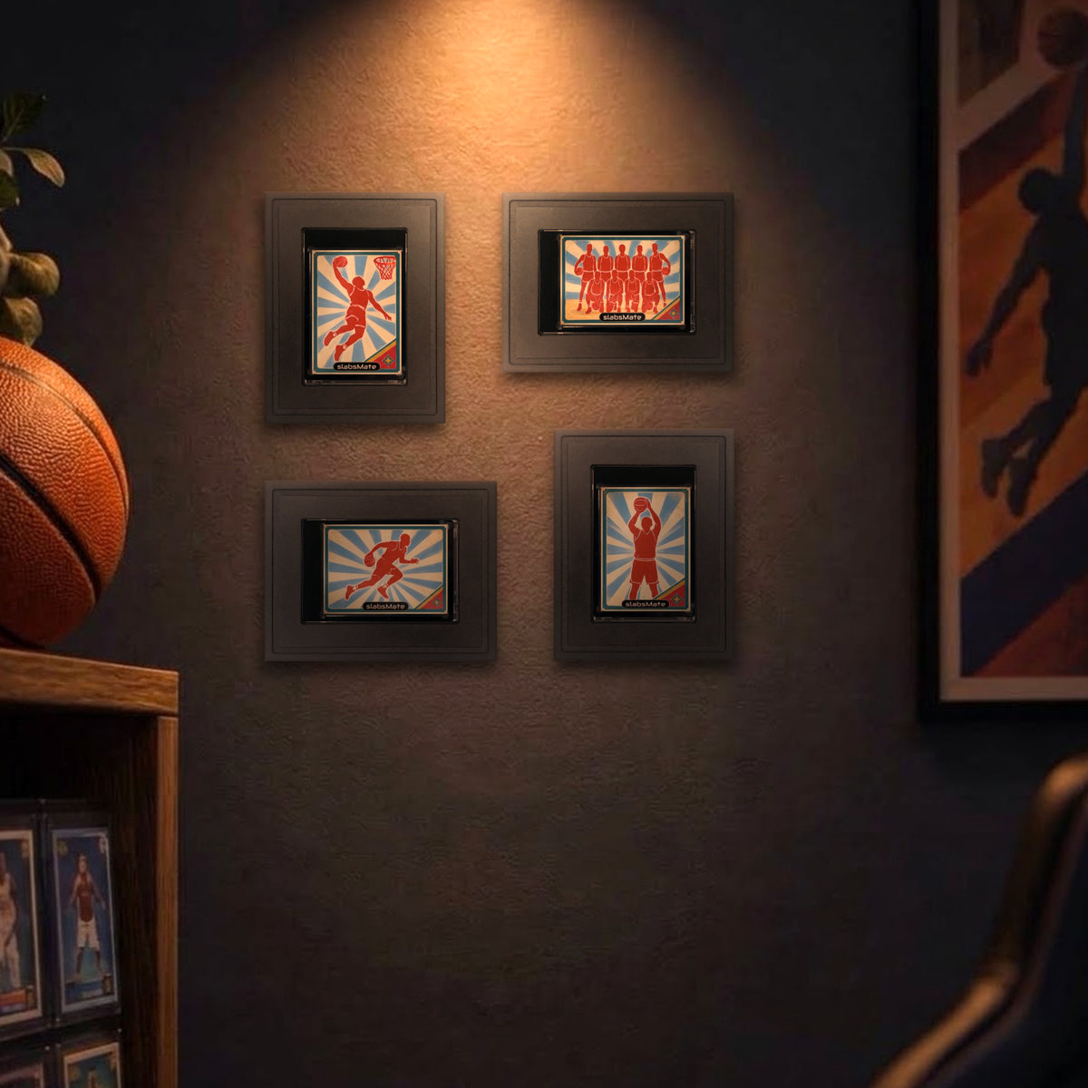 Vier Mag Holder Frames 1 × 1 an der Wand, hochkant und quer aufgehängt, KI-generiertes Raumbild