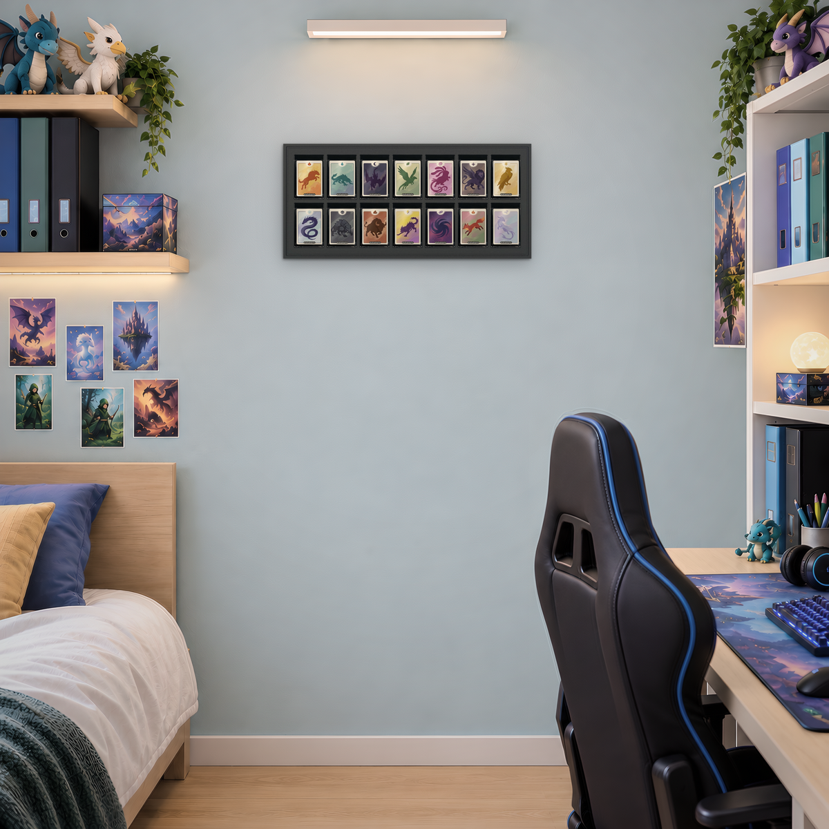 Mag Holder Frame 7 × 2 maßstabsgetreu an der Wand, KI-generiertes Raumbild